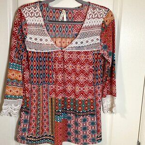 Roper Women's Top Blouse Size XS Stretchy Boho Cottage Core Country Cotton Trim